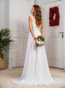 Vestido de Noiva Sem Mangas com Renda de Cor Sólida, Contraste de Tule Bordado