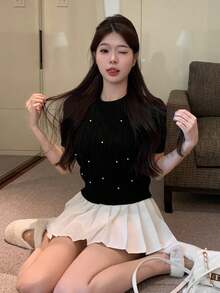 女士宽松休闲纯色短袖针织上衣，夏季新款黑色 - 黑色 - 查看 3