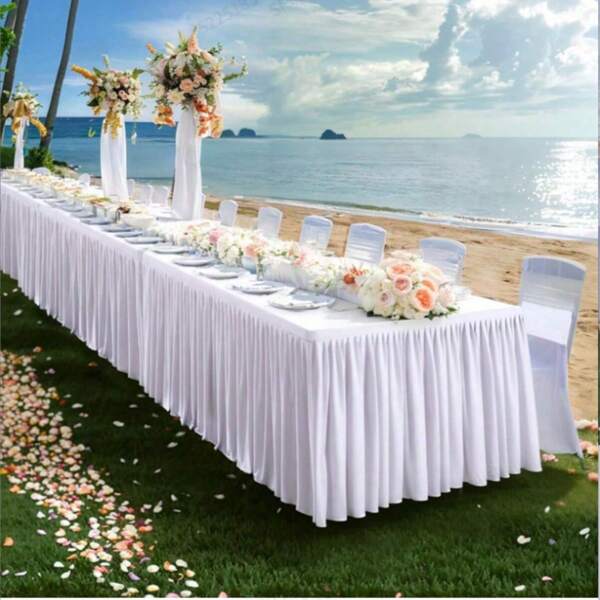 Manteles blancos ajustados para mesas rectangulares de 6 pies, mantel con volantes blancos para fiestas, bodas y eventos, cubierta de mesa de poliéster para decoración de eventos y banquetes