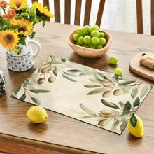 1 Stück/4 Stücke Set Leinen Tischsets, Frühstückstischsets, Küchenutensilien, leicht zu reinigende Sets geeignet für Zuhause, Restaurant, Esszimmerdekoration, Aquarellmotive mit Olivenblättern und Olivendruck - waschbar
