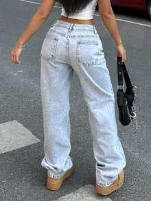 Women Casual Light Color Water-Washed Ripped Straight Leg Denim Jeans For Daily Wear - Light Wash - View 1