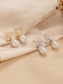 1Pair Gorgeous Gold - Plated Pearl & Cubic Zirconia Drop Earrings - Ideal For Daily Wear, Banquets, Gatherings, Weddings - Bridal Pearl Earrings