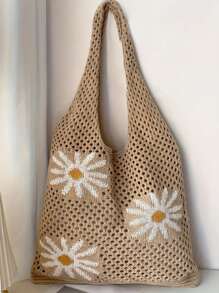 1 bolsa tote de crochê com estampa de girassol floral - perfeita para férias na praia, passeios casuais, etc. - estilo Y2K - grande capacidade - sem zíper - forro de tecido - estampa de posicionamento - sem borlas