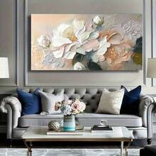 1 peça de pintura de parede em tela sem moldura, textura floral de peônia em branco e rosa, decoração de pôster de parede botânico, decoração de parede moderna sem moldura adequada para sala de estar, quarto, escritório, sala de jantar - decoração de parede elegante, arte de parede, mistura de cores ricas, detalhes intrincados de pétalas