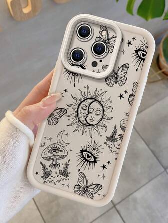 1 pieza Funda de teléfono elegante y simple con patrón de línea de luna y mariposa en lente beige con efecto de arenado, Body completo a prueba de golpes, de TPU grueso, compatible con iPhone/Redmi/VIVO/OPPO, resistente al agua, a las caídas y a los arañazos