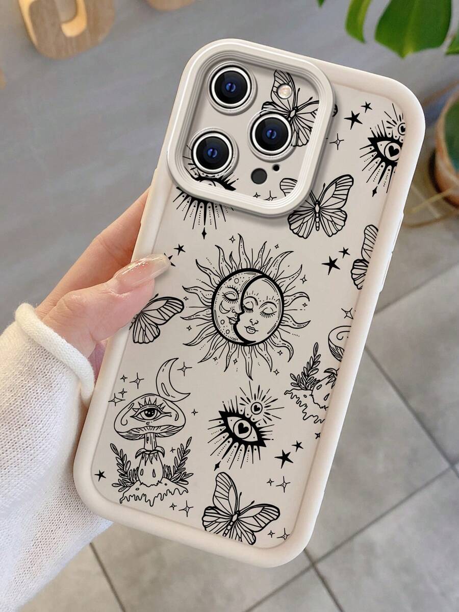1pc Elegant Simple Butterfly Moon Line Pattern Beige Sandblasted Lens Full Body Shockproof Thick TPU Phone Case Compatible With IPhone/Compatible With Redmi/Compatible With VIVO/Compatible With OPPO Waterproof Anti-Fall Scratch Resistant,International Version, Not The Domestic Version - Beige - View 1