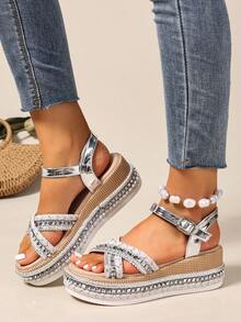 Summer Dressy Platform Sandals, Fabric Knot Beach Wedge Thick Sole Roman Sandals With Rivet Decor Bohemian Open Toe Elastic Ankle Strap Breathable Comfortable Casual Elegant Flat Sandals - Silver - View 8