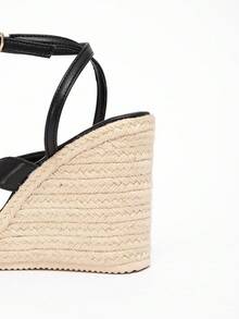 Women's Thick Platform Wedge Sandals, Rope Decor Peep Toe Ankle Strap High Heels, Fashion Vacation Style Block Heel Slip-On Shoes, Black - Black - View 9