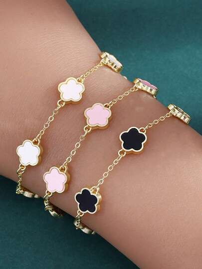 3pcs/Set Women Elegant Lucky Flower Bracelet Set, Black White Pink Color Combination, Fashion & Casual, Suitable For Daily Wear