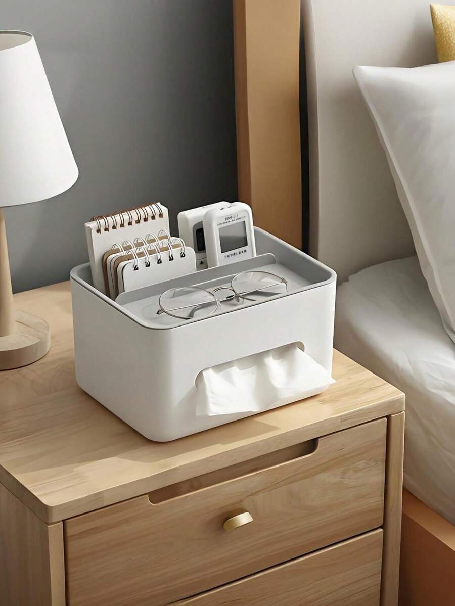 1 Giá để hộp đựng khăn giấy đa năng & Bộ sắp xếp điều khiển từ xa - Hộp đựng đồ để bàn hình vuông bằng nhựa đánh bóng có hộp đựng khăn giấy, hộp đựng kính và khe cắm điện thoại cho phòng khách, phòng ngủ, phòng tắm - Thiết kế sắp xếp nhà hiện đại, phong cách đơn giản, lớp phủ bóng Quay lại trường học