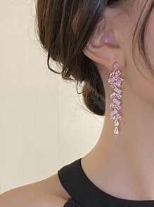 1 par de pendientes elegantes y lujosos con diseño de hoja dulce y cristales incrustados, adecuados para bailes, banquetes, fiestas y bodas