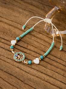 Pulseira ajustável estilo boêmio verde menta com pingente de coração, árvore da vida, acessório versátil para praia/férias