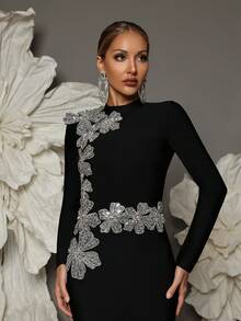 长袖绷带装饰花卉紧身连衣裙，性感修身，适合度假、家庭聚会、晚宴、婚礼等场合，优雅黑色春季款 - 黑色 - 查看 3