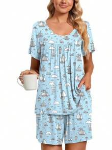 2 Piece Women's Short Sleeve Pajama Sets, Lounge Sleepwear Ladies PJs Sets With Pockets - 02灰藍色-帆船 - 查看 1