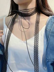 2 Pieces Suit Lady's Sweet Lace Ribbon Layered Clavicle With Versatile Narrow Neck With Clavicle Chain Long Scarf Ribbon Necklace Suitable For All Kinds Of Scenes. For Dress For Christmas Decor