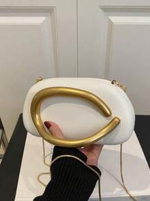复古金属装饰手拿包，新款白色新娘婚礼派对手提包，女士链条单肩斜挎包，适合少女、大学生、年轻职业女性和OL，完美适用于办公室、大学、工作、商务、通勤、户外活动、旅行、野餐、派对、婚礼、舞会、正式晚宴等各种场合。 - 白色 - 查看 5