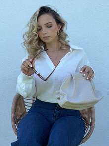 Jeta Ari Women'S Casual Turn-Down Collar Half Placket Long Sleeve Shirt,Long Sleeve Tops - White - View 7