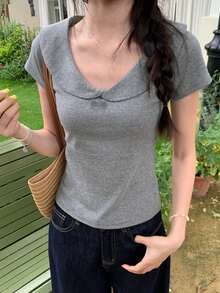 Yellow Short Sleeve Peter Pan Collar Fitted Solid Color Cropped Top For Women, Summer, Versatile Casual Spring - Grey - View 5