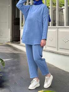 圣诞节宽松休闲中东阿拉伯风格落肩纯色两件套女装，圣诞节服装，新年派对服装，优雅女士套装，休闲女士套装，节日服装，冬季服装 - 藍色 - 查看 6