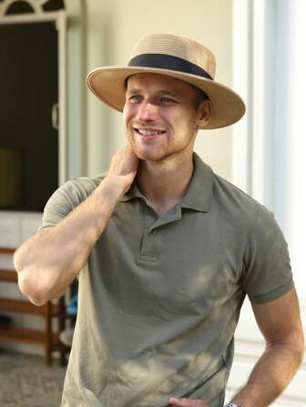 女士男士草编海滩遮阳帽夏季软呢帽平顶硬草帽可打包 SPF 防紫外线帽子女士旅行……，卡其色-深橙色，大号