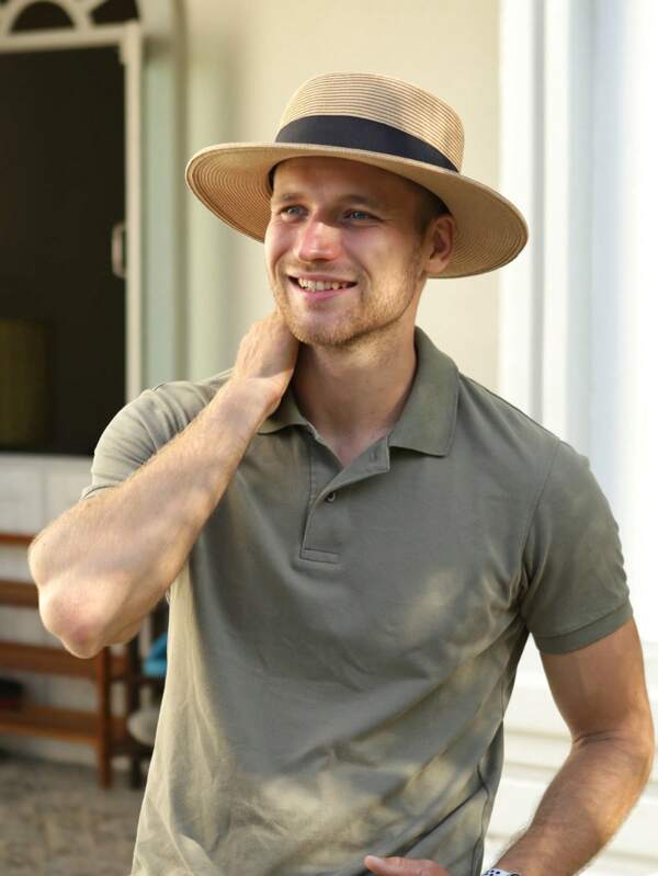 Strohhüte für Damen und Herren für den Strand im Sommer, Fedora, Bootsförmig, faltbar, UV-Schutz, Khaki-Dunkelorange, Große Größe