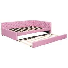 Merax Full XL Size Daybed, Linen Upholstered Corner Bed With Twin XL Trundle, Tufted Button Platform Bed, Solid Wood Bed Frame, No Box Spring Needed, Pink - Full XL-Pink - View 11