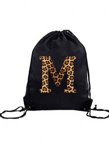 1 件 A-Z 豹纹字母印花儿童户外运动背包、足球背包、篮球背包、轻便抽绳包，适合男孩和女孩 - 黑色 - 查看 9