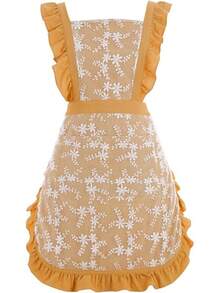 Vintage Pinafore Apron Dress Women With Pockets Cute Floral Chef Aprons Kitchen Cooking Baking Gardening - 甜瓜黃 - 查看 1