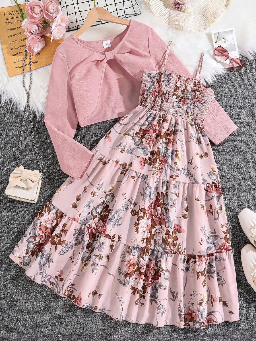 Left Mama Tween Girls Ditsy Floral Long Sleeve Top And Spaghetti Strap Dress 2-In-1, Spring/Autumn - Dusty Pink - View 1
