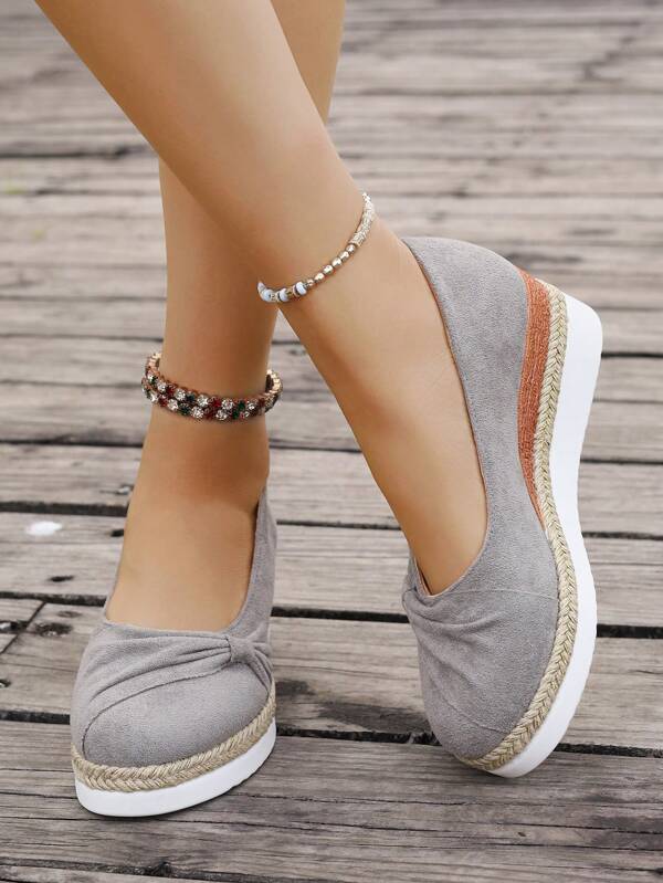 Women's Casual Buckle Closure Shoes, Summer Beige Fabric Fashion Versatile Woven Lightweight Platform Wedge Thick-Sole Peep Toe Flats