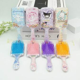  Cepillo de pelo suave de Sanrio, cómodo para todo tipo de cabello, peine de viaje Kuromi, cepillo con cojín de aire My Melody, peine de masaje Cinnamoroll, peine con brillo Pochacco, peine de masaje con brillo Pom Pom Purin - Masaje cómodo para todo tipo de cabello, diseño de moda, adecuado para peinado en casa y uso al aire libre, gran regalo para niñas, cepillo, cepillo desenredante, peine de madera