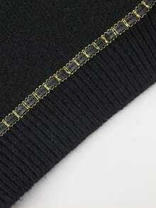 Knit Mix 优雅女士时尚针织法式通勤毛衣，撞色设计，简约复古风休闲长袖圆领开衫，适合秋冬季、圣诞节、感恩节、新年、情人节和开学季穿着。 - 黑色 - 查看 12