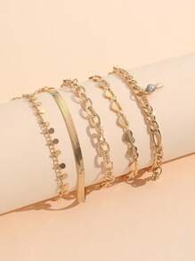 5 piezas de tobilleras elegantes y sencillas con forma de corazón hueco, piezas redondas, cadenas tipo serpiente, llaves con diamantes incrustados, borlas, colgantes, tobilleras femeninas (piezas recortadas a mano, redondas, el número de piezas no es fijo)