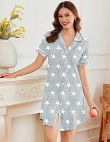 Nightgowns Women Button Down Sleepshirt Short Sleeve Nightshirt Boyfriend Nightdress S-