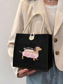 三只腊肠犬图案亚麻手提包，纽扣装饰手提包，简约大容量手提包，便携休闲收纳手提包，教师节礼品袋，教师答谢收纳袋，适合女性，日常使用，约会，生日，节日，返校，秋冬，度假，旅行，通勤，商务，学生，野餐，露营，超市，日常收纳，腊肠犬包，创意圣诞礼物创意 - 米色 - 查看 4