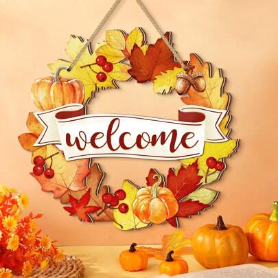 Herbst Holz Kranz Dekor für Eingangstür, Herbst Kränze willkommene hölzerne Türhänger, Kürbis Ahornblatt Herbst Schild für Ernte für Outdoor und drinnen Fenster Wand Yard Thanksgiving Heimdekoration