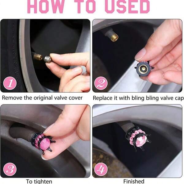 Ob beim Autofahren oder gemütlichen Radfahren, diese kronförmige Ventilkappe ist die perfekte Kombination für 4 Stück! Die sorgfältig gestaltete Kronenkontur glänzt mit exquisiten eingearbeiteten rosa Kristallen, die das Reifenventil vor Verstopfung schützen. Wir bieten Ihnen auch eine Vielzahl an leuchtenden Farben zur Auswahl an.
