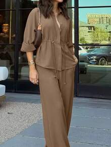 Women's Fashion Single-Breasted Lapel Drawstring Top & Elastic Waist Pants Set, Casual Solid Color Spring Elegant - Brown - View 4