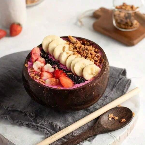 1 Set/4 Piezas, incluyendo 2 tazones de coco y 2 cucharas de madera, set de tazón de coco y cuchara de madera, set de tazón de ensalada vegetariana saludable, tazón de smoothie, tazones de coco natural, adecuado para el hogar, restaurantes, suministros de cocina, vajilla, accesorios, útiles escolares