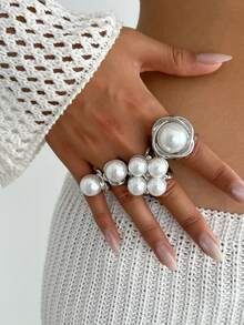 3pcs Vintage Asymmetrical Metal Gold Abstract Rings, Baroque Faux Pearl Decor Rings, Stackable Thick Jewelry Set, Suitable For Women's Daily And Diverse Party Decoration, Fashion Outfit Matching, Holiday Gifts - 3 Piece Ring Set - View 6
