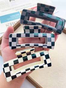 3pcs Women's Checkerboard Square Claw Hair Clips, Simple Fashion Resin Dual-Color Checkered Square 10.5cm Hollow Hair Clamps For Daily Commute Outfit Matching, Bun Hairstyle Fixing Hair Shark Tooth Hair Clip Accessory