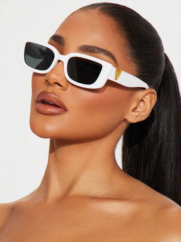 1pc Women White Rectangular Personalized Metal Splice Fashion Glasses, Suitable For Daily Outfit Preppy Style For Back To School Cat Eye Shape Letter Decor