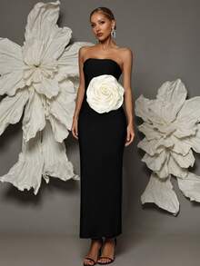 Vestido ajustado con vendaje y decoración de flores 3D, vestido de cóctel de silueta ajustada para ocasiones formales - Negro - Ver 6