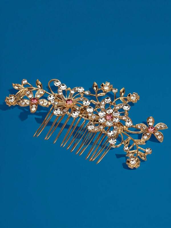 1pc Pink Flower Shaped Alloy Hair Comb, Fashion Hair Accessory, Versatile Bridal Hair Decor