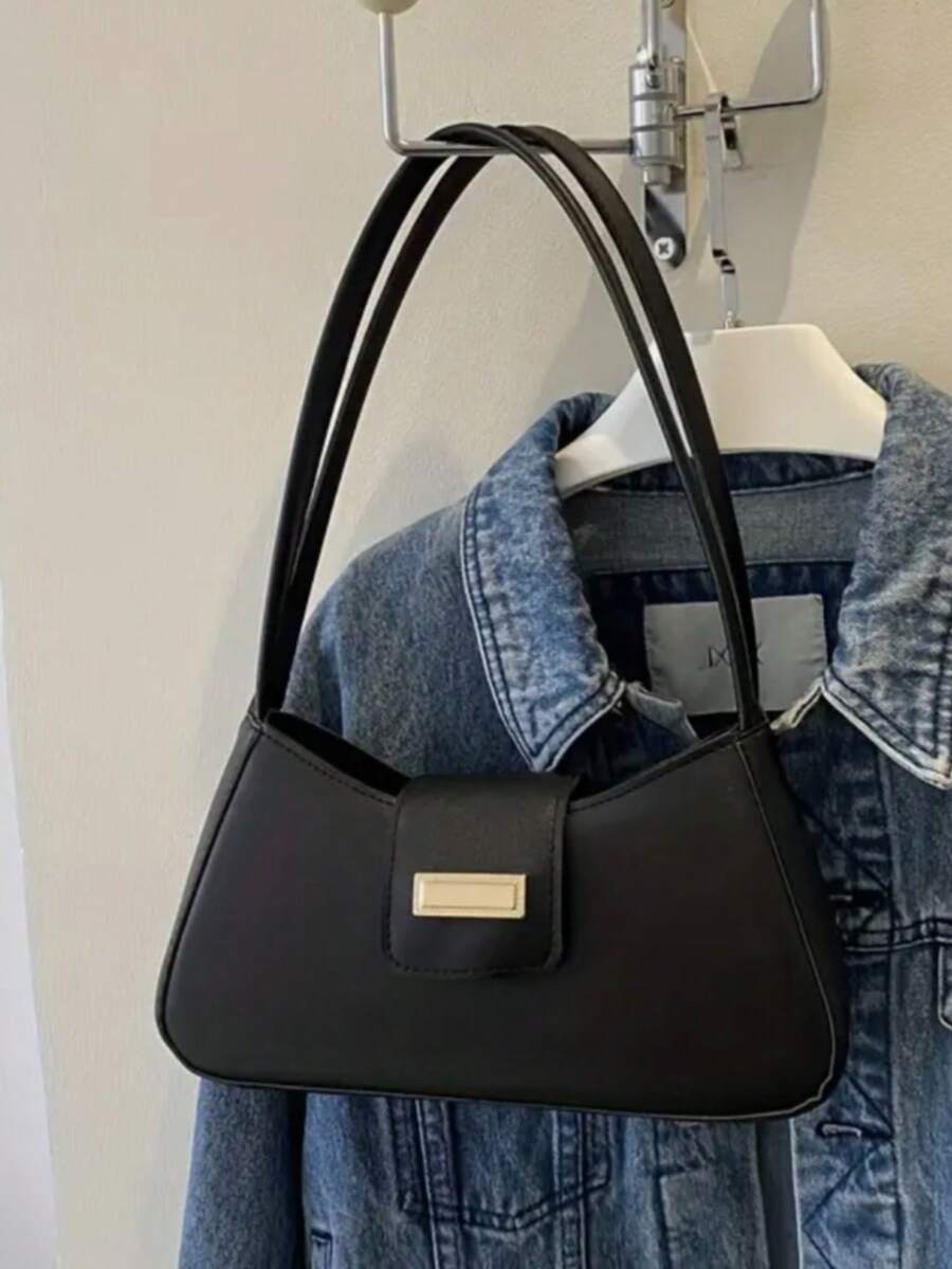 Women's Baguette Style Shoulder Bag With Metal Lid - 黑色 - 查看 1