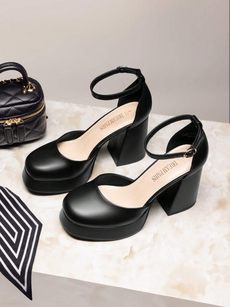 Women Chunky Platform High Heels Closed Toe Block Ankle Strap Dress Prom Wedding Party Pumps Shoes - 黑色 - 查看 1