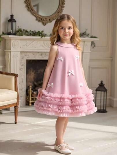 Girl's Elegant Versatile Solid Color Round Neck Sleeveless Net Mesh Ruffle Hem Dress, Casual Wear