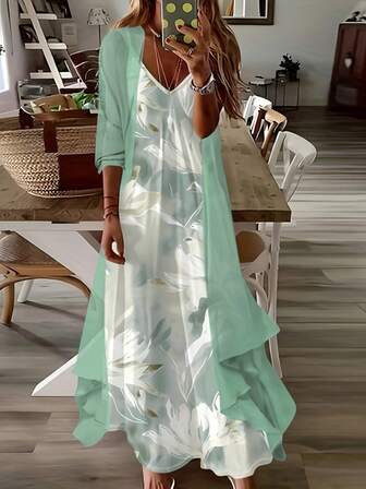 Women's Plus Size Elegant Floral Print Maxi Dress With Long Cardigan Set, Suitable For Weddings And Outings, Spring/Autumn