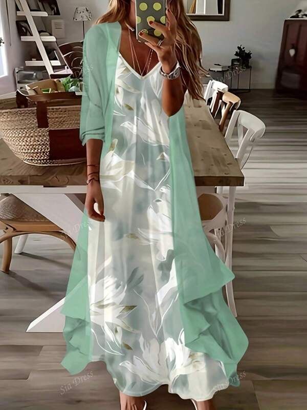 Plus Size Elegant Floral Print Maxi Slip Dress And Long Cardigan Set, Spring & Autumn