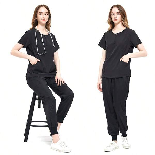 1 ensemble de vêtements chirurgicaux pour femmes, pantalon chirurgical élastique et haut à col rond, ensemble de vêtements chirurgicaux uniformes de travail d'infirmière médicale classique